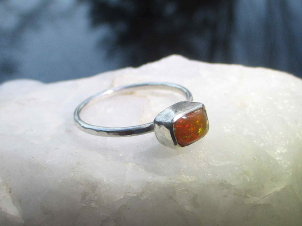 Handmade Fire Opal Ring Sterling Silver Size 5 with Natural Mexican Opal