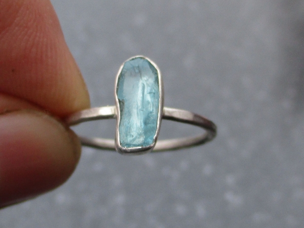Size 6 Handmade Raw Blue Apatite Crystal Stacking Ring with Thin Dainty Hammered