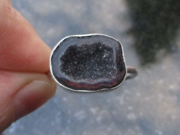 Tabasco Geode Ring In Sterling Silver US Size 9 Black Stone Silver Stackable Geo