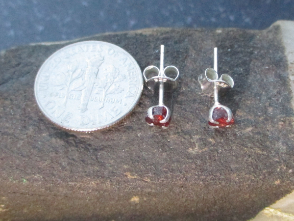 Raw Garnet Stud Earrings in Sterling Silver Small 5mm Red Stone January Birthsto