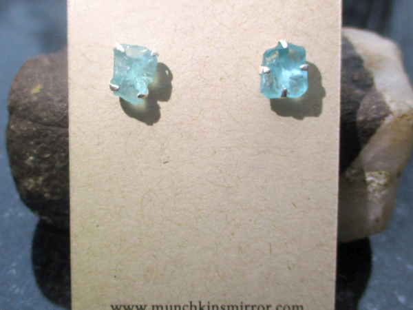 Blue Apatite Stud Earrings Sterling Silver Small 9 mm Stone Minimalist Raw Stone