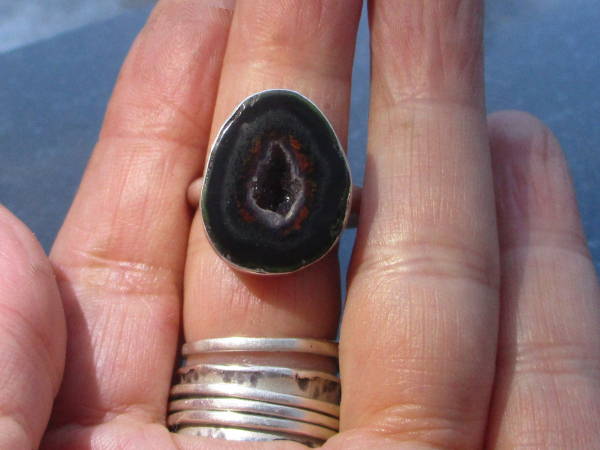 Druzy Geode Ring in Sterling Silver Size 8 Black Tabasco Geode Gemstone Jewelry