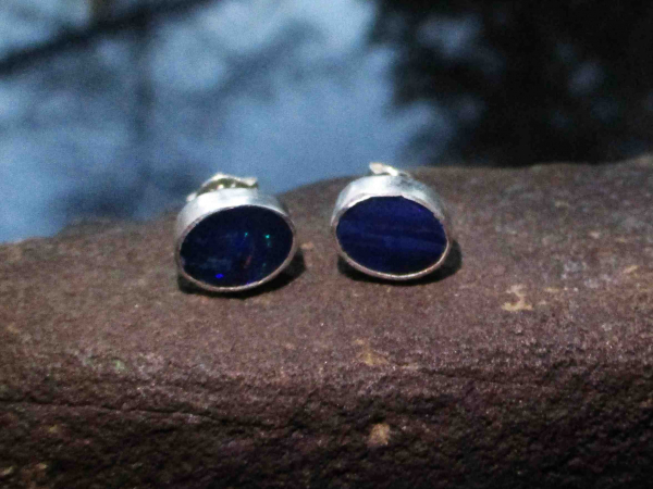 Handmade Blue Opal Stud Earrings in Sterling Silver Natural Blue Australian Opal