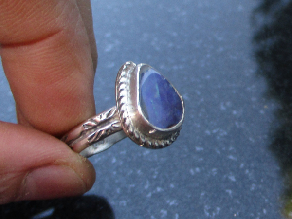 Blue Boulder Opal Ring Sterling Silver with Natural Australian Opal Size 7.5 Han