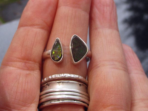 Handmade Ammolite Ring Sterling Silver Size 8 Adjustable Fossil Rings for Women