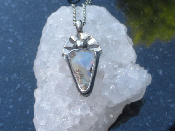 Handmade Boulder Opal Necklace 925 Sterling Silver with Australian Opal Pendant