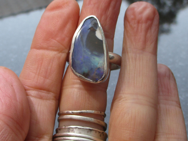 Handmade Boulder Opal Ring Sterling Silver Size 8.5 with Natural Australian Opal