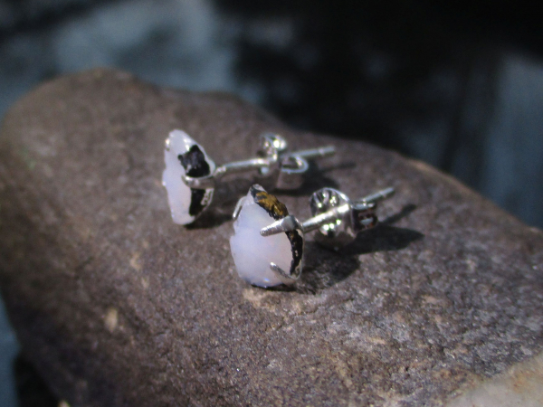 Raw Opal Stud Earrings in Sterling Silver 8 mm Rough White Opal October Birthsto