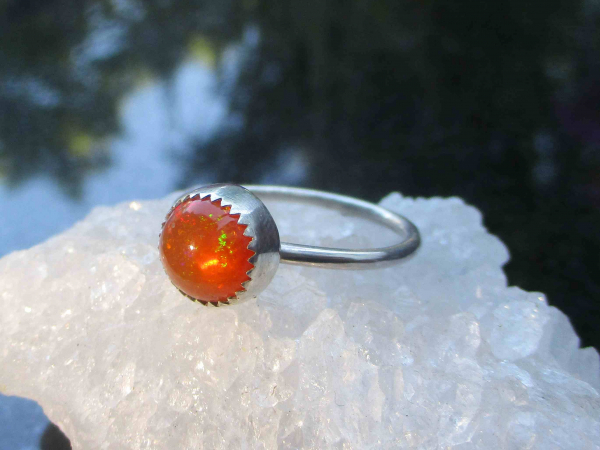 Handmade Fire Opal Ring 925 Sterling Silver Size 8 Natural Mexican Opal Round Or