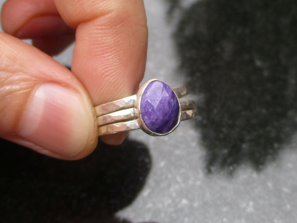 Charoite Stacking Ring Set in 925 Sterling Silver Size 7 with Natural Purple Fac