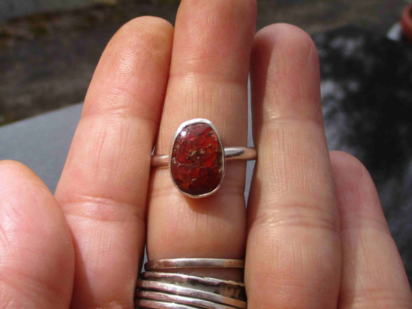 Fire Opal Ring 925 Sterling Silver with Natural Mexican Opal in Matrix Size 9 Ha