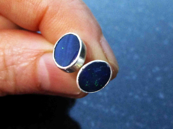 Handmade Blue Opal Stud Earrings in Sterling Silver Natural Blue Australian Opal