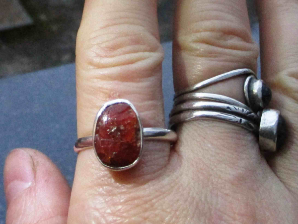 Fire Opal Ring 925 Sterling Silver with Natural Mexican Opal in Matrix Size 9 Ha