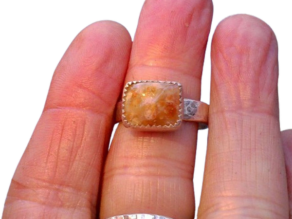Handmade Sterling Silver Garden Quartz Ring: Textured Band, Orange Yellow Inclus