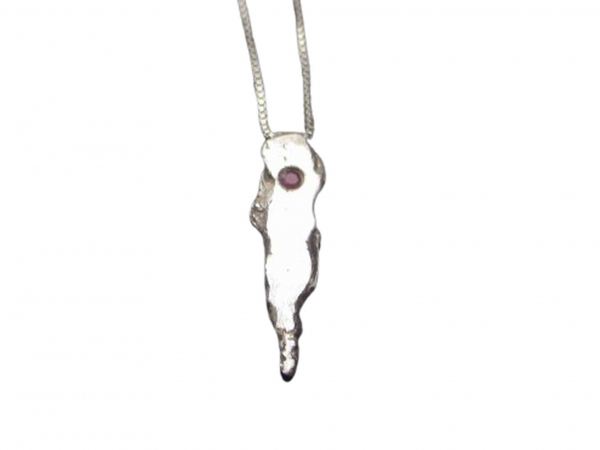 A handmade unique recycled silver pendant with a small pink sapphire. Solid Silv