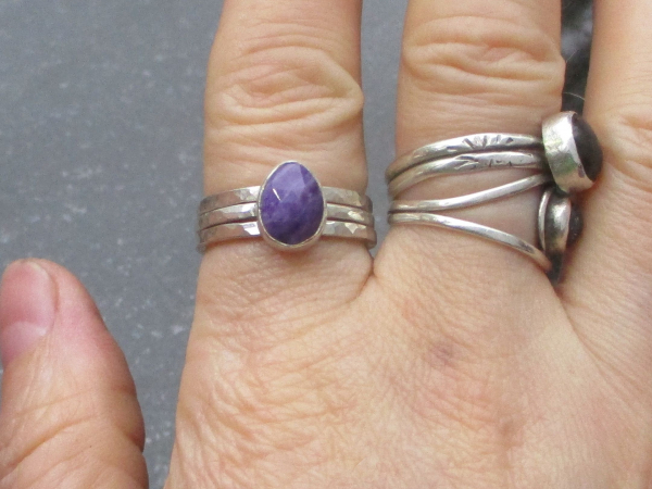 Charoite Stacking Ring Set in 925 Sterling Silver Size 7 with Natural Purple Fac