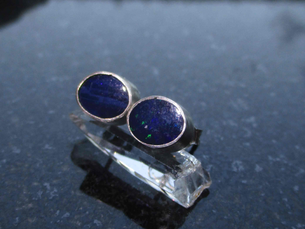 Handmade Blue Opal Stud Earrings in Sterling Silver Natural Blue Australian Opal
