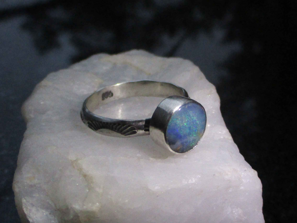 Handmade Boulder Opal Stacking Ring Size 7 Sterling Silver with Natural Australi