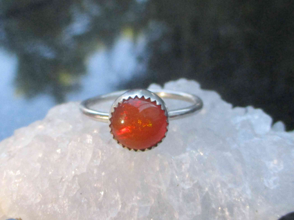 Handmade Fire Opal Ring 925 Sterling Silver Size 8 Natural Mexican Opal Round Or