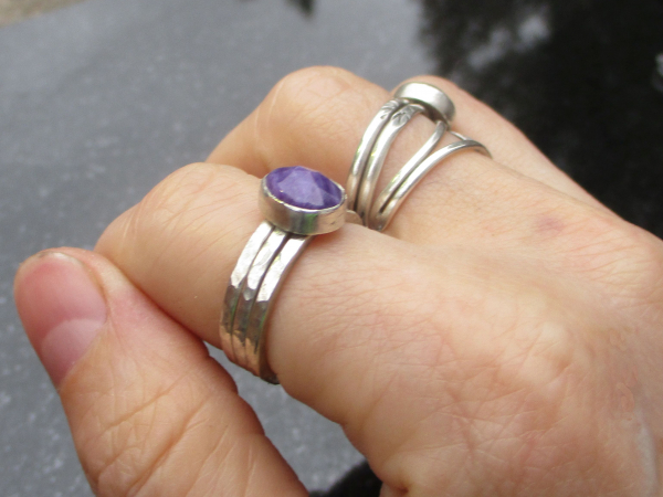 Charoite Stacking Ring Set in 925 Sterling Silver Size 7 with Natural Purple Fac