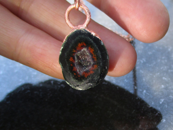 Handmade Druzy Geode Copper Electroformed Necklace with Black Tabasco Geode Quar