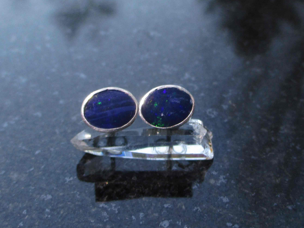 Handmade Blue Opal Stud Earrings in Sterling Silver Natural Blue Australian Opal