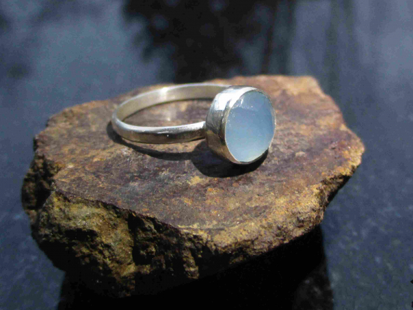 Handmade Blue Chalcedony Silver Ring in Size 6 with Natural Blue Gemstone Round