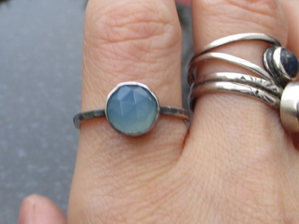 Blue Chalcedony Silver Stacking Ring Size 8 Round Rose Cut Agate Gemstone Hammer