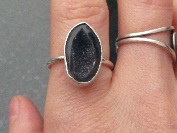 Geode Ring in Sterling Silver Size 7 Black Druzy Tabasco Geode Gemstone Jewelry