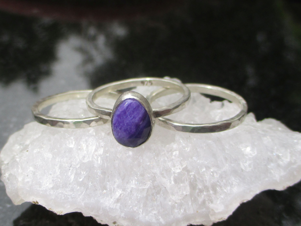 Charoite Stacking Ring Set in 925 Sterling Silver Size 7 with Natural Purple Fac