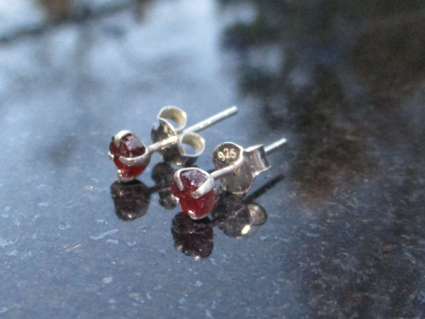 Raw Garnet Stud Earrings in Sterling Silver Small 5mm Red Stone January Birthsto