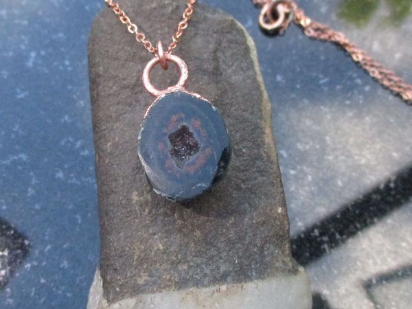 Handmade Druzy Geode Copper Electroformed Necklace with Black Tabasco Geode Quar
