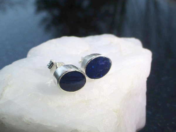 Handmade Blue Opal Stud Earrings in Sterling Silver Natural Blue Australian Opal