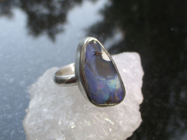 Handmade Boulder Opal Ring Sterling Silver Size 8.5 with Natural Australian Opal