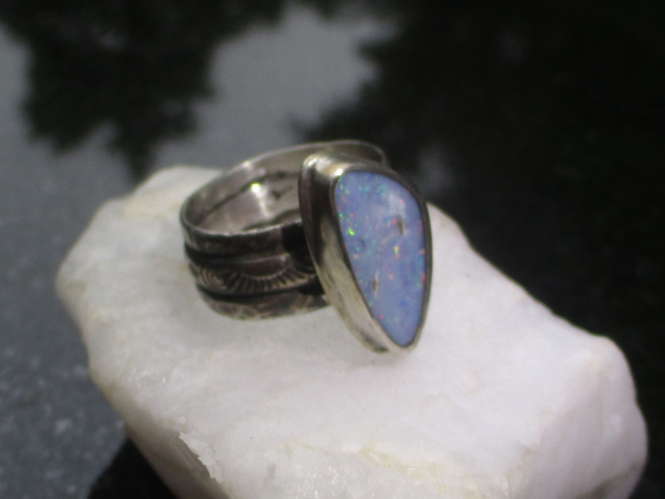 Blue Opal Ring 925 Sterling Silver Handmade with Natural Australian Opal Size 8