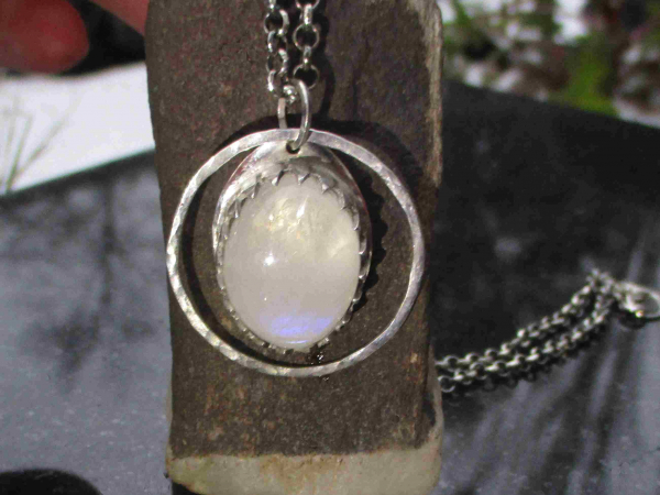 Handmade Moonstone Necklace in 925 Sterling Silver with Blue Flash Moonstone Cir