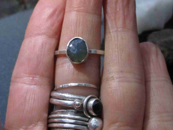 Raw Opal Ring, Size 8, 925 Sterling Silver Stacking Ring, Oregon Blue Opal, Octo