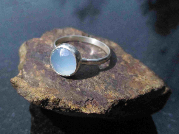 Handmade Blue Chalcedony Silver Ring in Size 6 with Natural Blue Gemstone Round