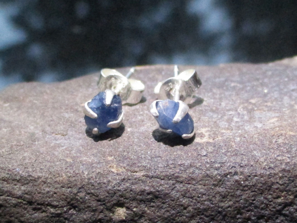 Raw Blue Sapphire Earrings Studs in 925 Sterling Silver Minimalist 5mm Small Sto