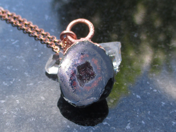 Handmade Druzy Geode Copper Electroformed Necklace with Black Tabasco Geode Quar