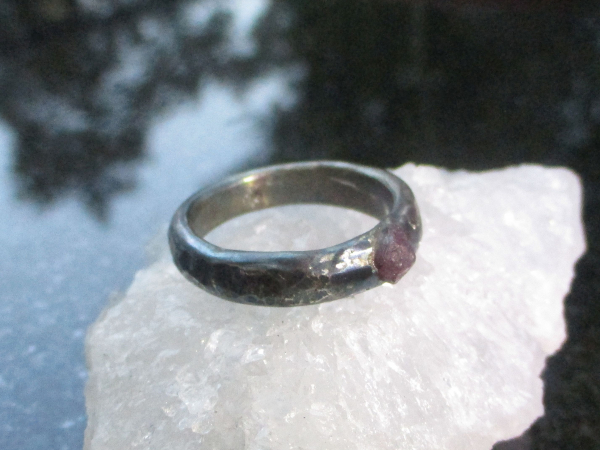Handmade Ruby Crystal Ring Cast in 925 Sterling Silver Size 8 1/4 Ring with Text