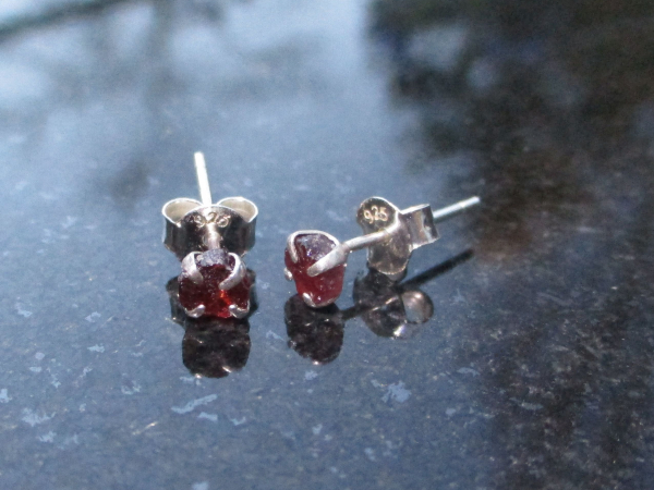 Raw Garnet Stud Earrings in Sterling Silver Small 5mm Red Stone January Birthsto