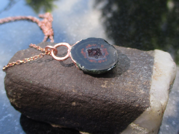 Handmade Druzy Geode Copper Electroformed Necklace with Black Tabasco Geode Quar