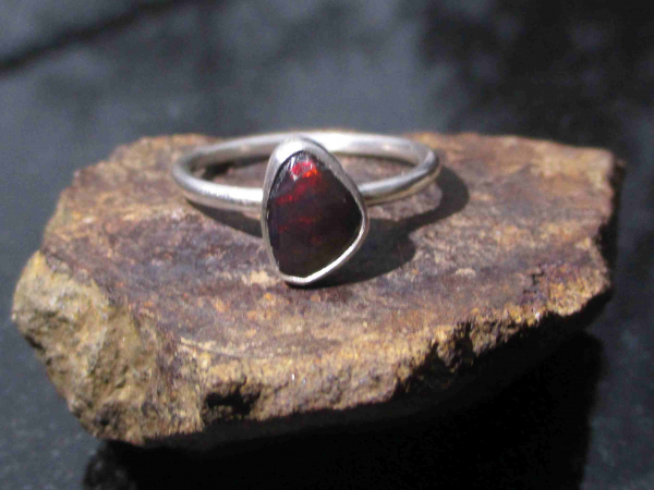 Black Fire Opal Silver Ring in Size 6 Natural Ethiopian Welo Opal Freeform Shape