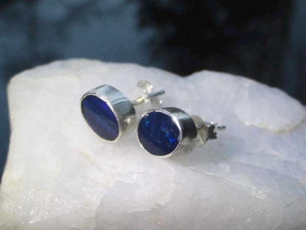 Handmade Blue Opal Stud Earrings in Sterling Silver Natural Blue Australian Opal