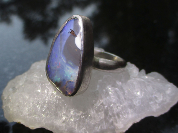 Handmade Boulder Opal Ring Sterling Silver Size 8.5 with Natural Australian Opal