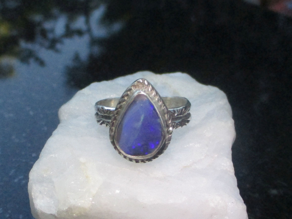 Blue Boulder Opal Ring Sterling Silver with Natural Australian Opal Size 7.5 Han