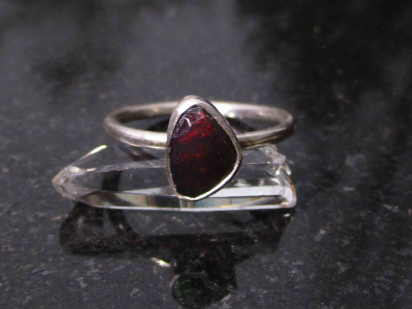 Black Fire Opal Silver Ring in Size 6 Natural Ethiopian Welo Opal Freeform Shape
