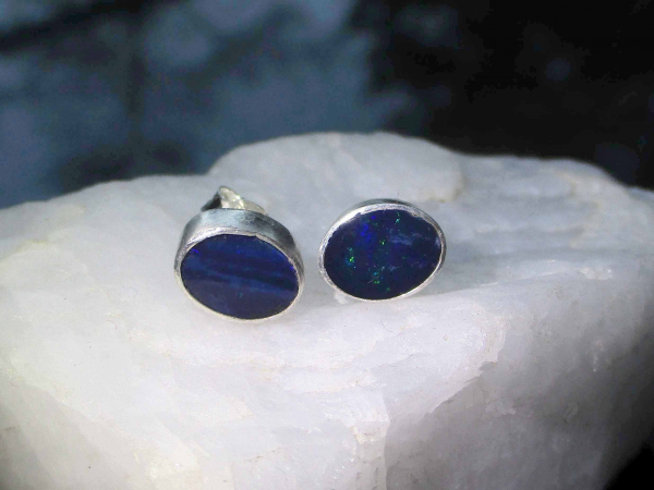 Handmade Blue Opal Stud Earrings in Sterling Silver Natural Blue Australian Opal