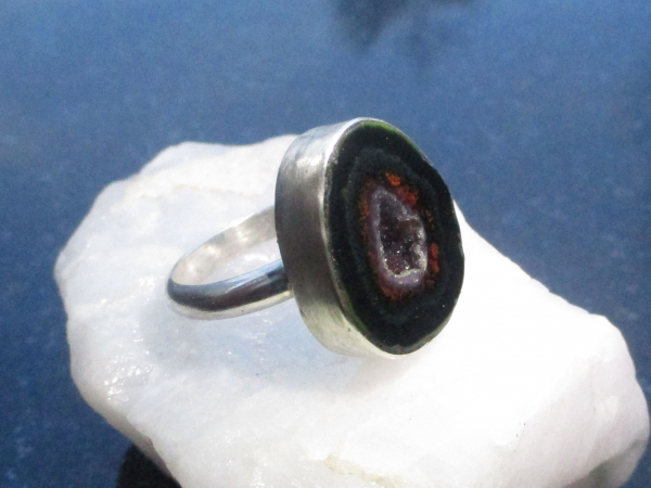 Druzy Geode Ring in Sterling Silver Size 8 Black Tabasco Geode Gemstone Jewelry